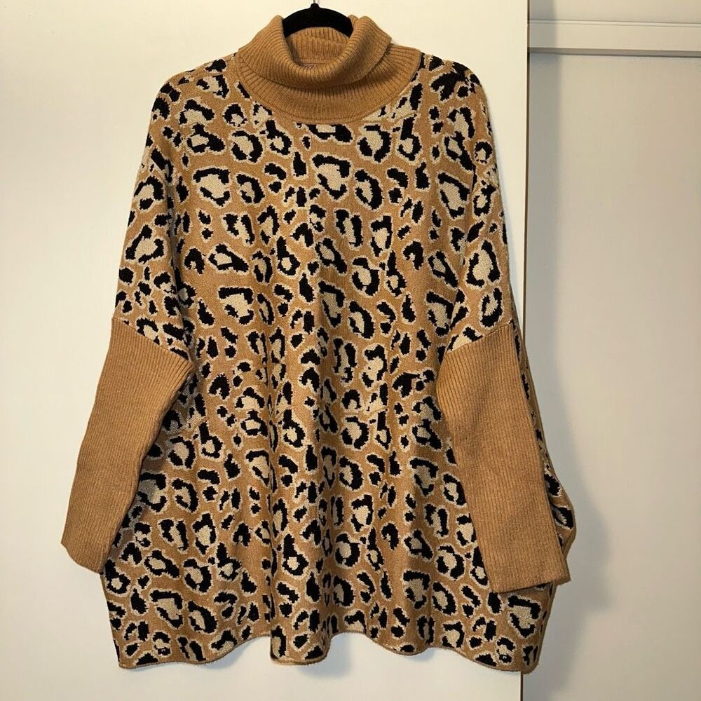 Chicos L/XL Animal Print Turtleneck Pullover Womens Sweater Leopard Tunic NWOT